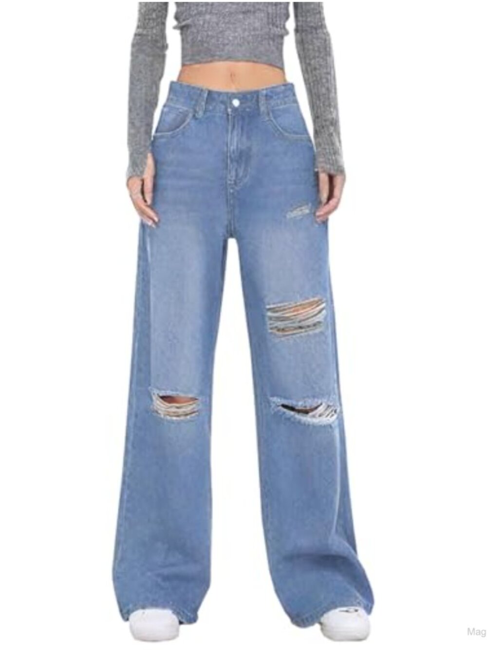 Wide Leg High Waisted Distressed Jeans Ripped Stretch Denim